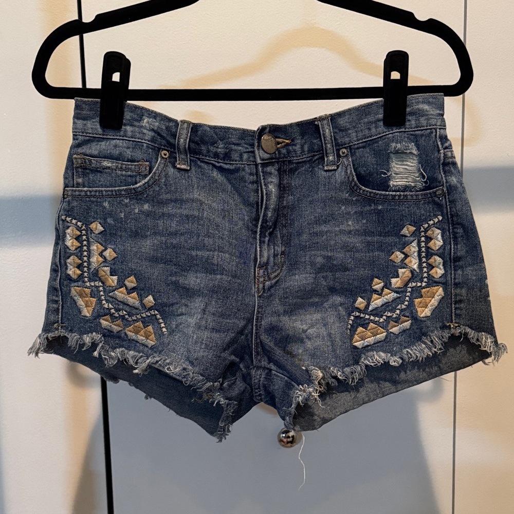 Free People Blue Jean Shorts with Tan Embroidery